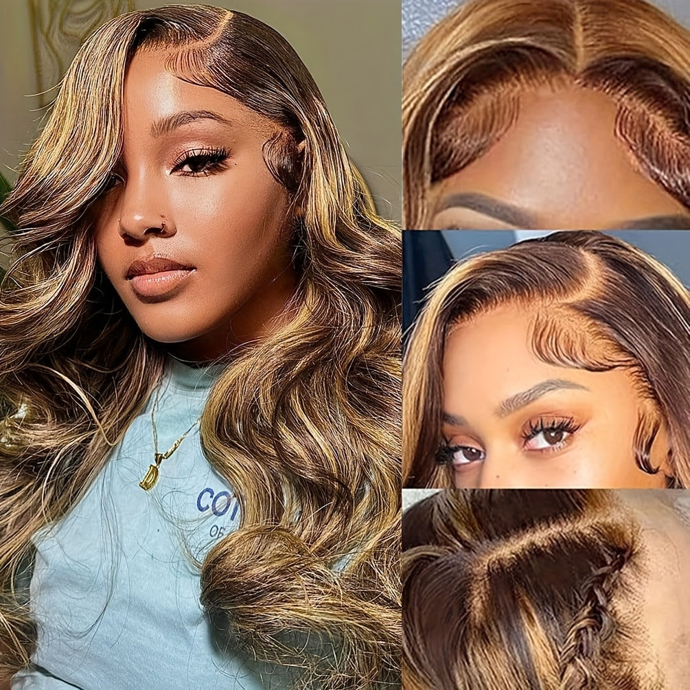 Ombre Lace Front Wig Human Hair Realistic 13x4 Frontal Pre-Plucked Body Wave 200% Density P4/27 Highlights for Women - Natural Look & Versatile Styling, Styling Versatility | Sporty Style Wig | Easy Styling Wig, Wig Accessori